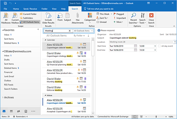 outlook 365 search function